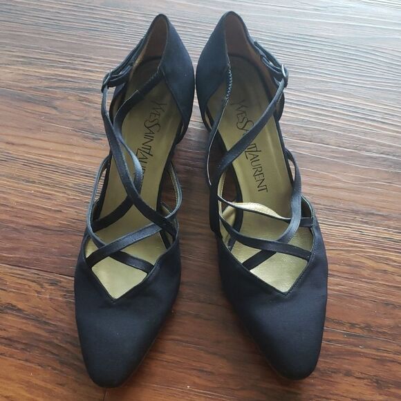 Yves Saint Laurent Shoes - Vintage Yves Saint Laurent Black Strappy Block Heels Size 7 Chic Feminine Design